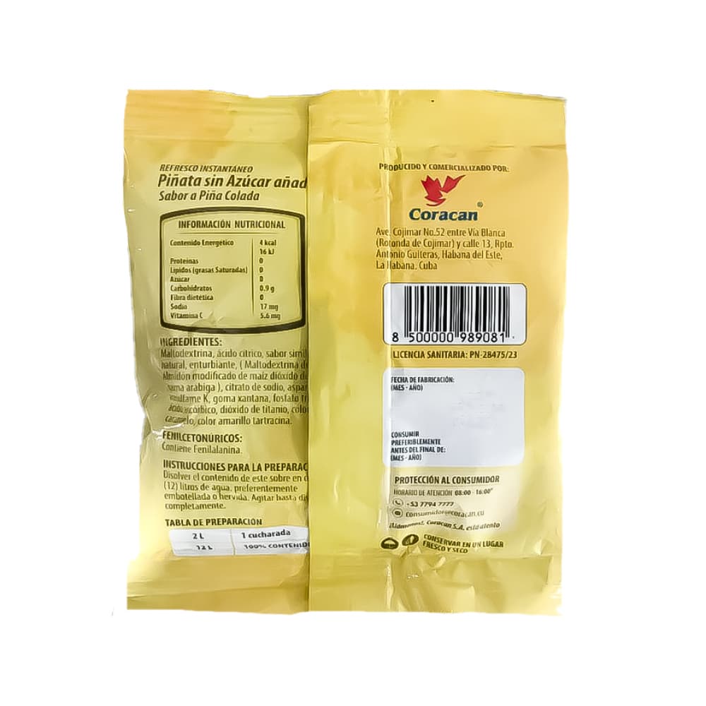 Refresco Instantáneo sabor piña colada sin azúcar Piñata Coracan (90 g / 3.17 oz) - Miniatura 2
