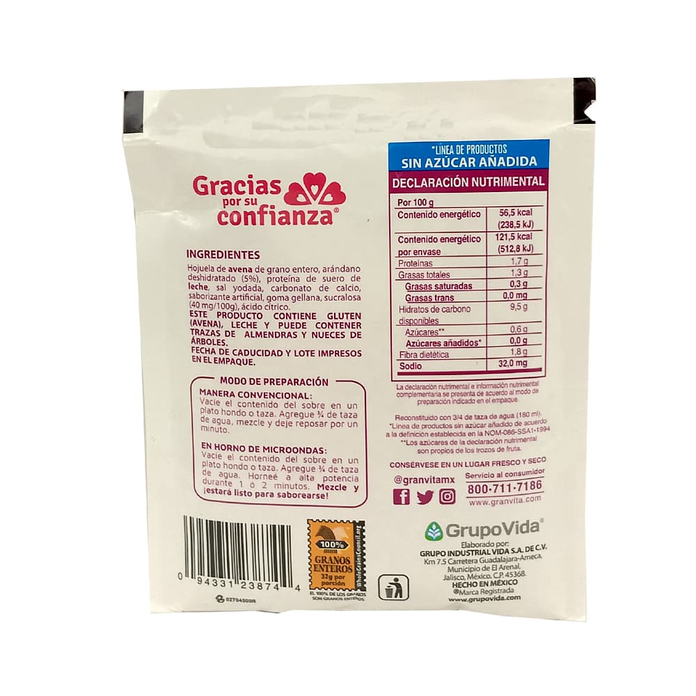 Avena instantánea integral sabor arádanos (35 g / 1.23 oz) - Miniatura 2