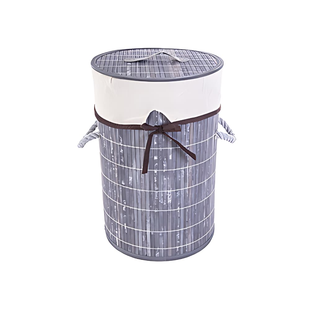 Ropero de bambú plegable redondo gris con lazo de 28 cm x 42 cm - Imagen 1