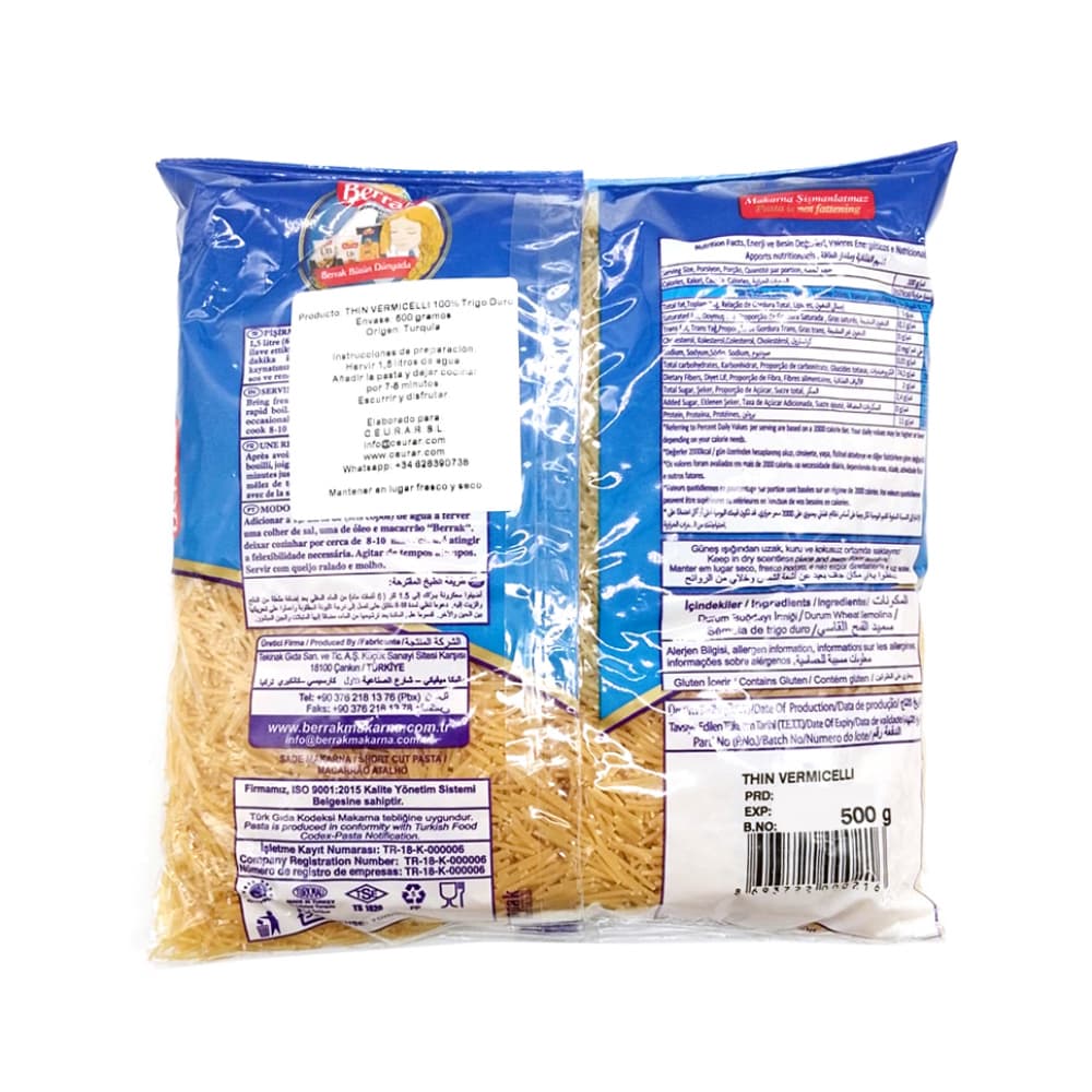 Pastas cortas - fideos vermicelli - Berrak (20 x 500 g / 1.1 lb) - Miniatura 2