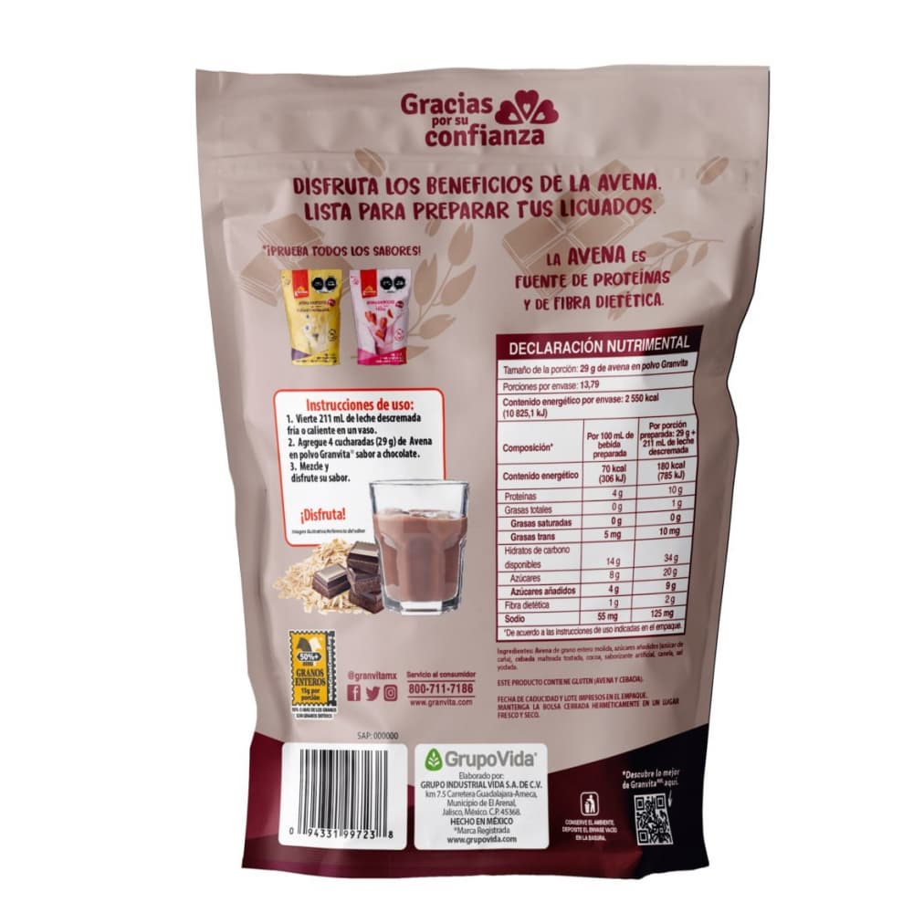 Avena en polvo sabor chocolate Granvita ALLÁ (400 g / 14.11 oz) - Miniatura 2