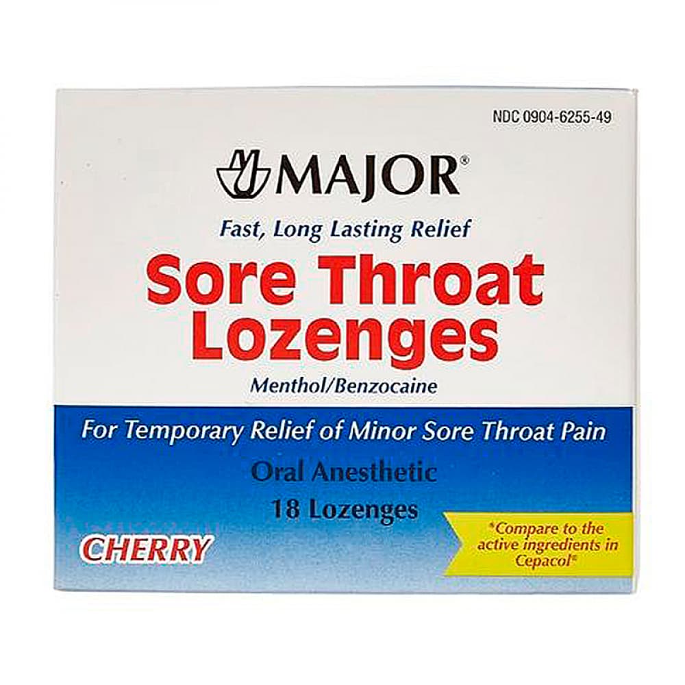 Tabletas para el dolor de garganta. Anestésico oral: Mentol 3.6 mg + Benzocaína 15 mg Major (18 pastillas) - Imagen 1