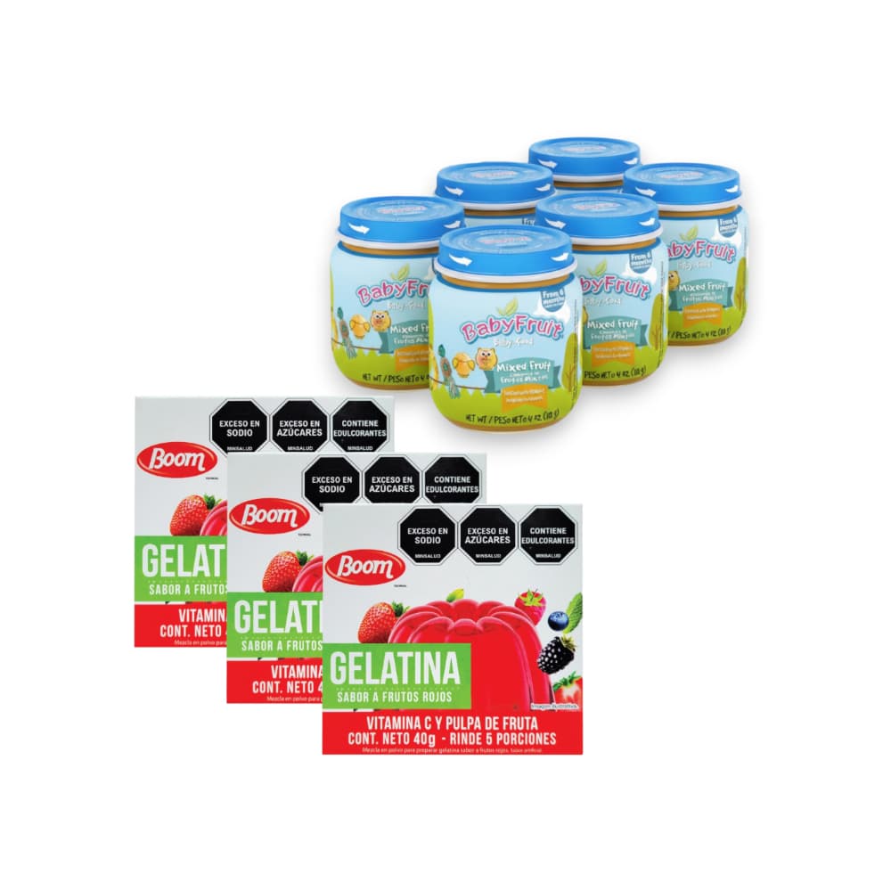 Compota de frutas mixtos Baby Fruit +  Gelatina sabor a frutos rojos Boom - Imagen 1