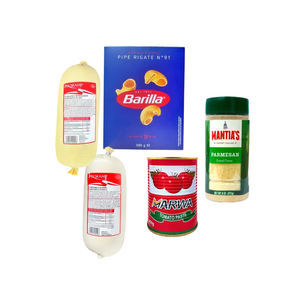 Pasta pipe rigate No. 91 + Mortadela clásica + Mortadella al ajo + Pasta de tomate + Queso parmesano - Imagen 1