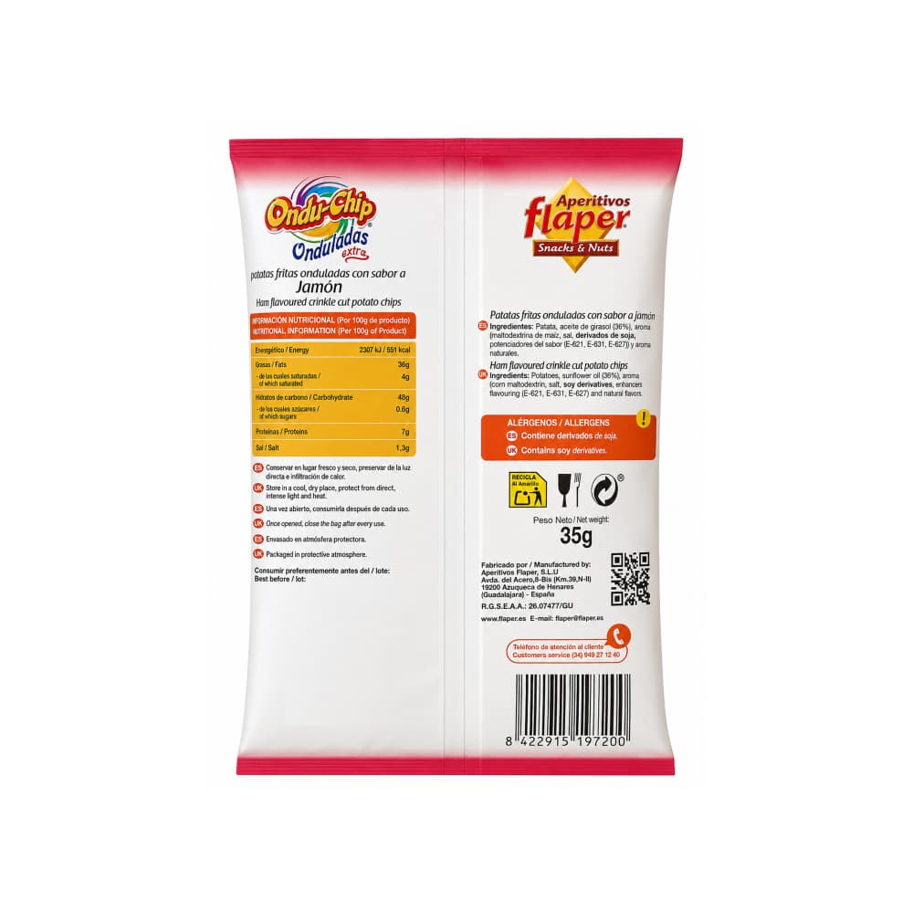 Patatas fritas onduladas con sabor a jamón Ondu-Chip Flaper (35 g / 1.23 oz) - Miniatura 2