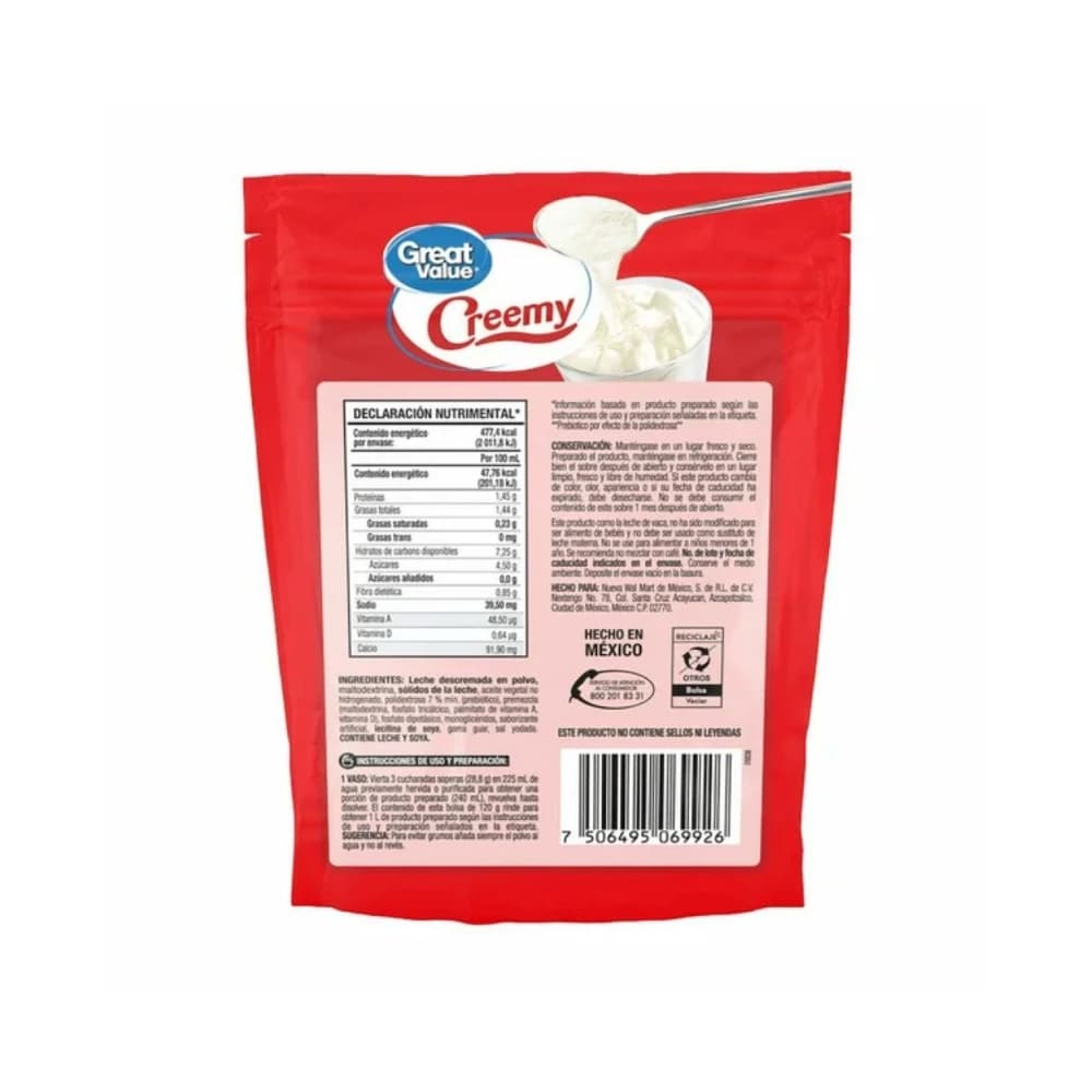 Alimento en polvo para preparar bebida a base de leche descremada y grasa vegetal Creemy Great Value (120 g / 4.23 oz) - Miniatura 2