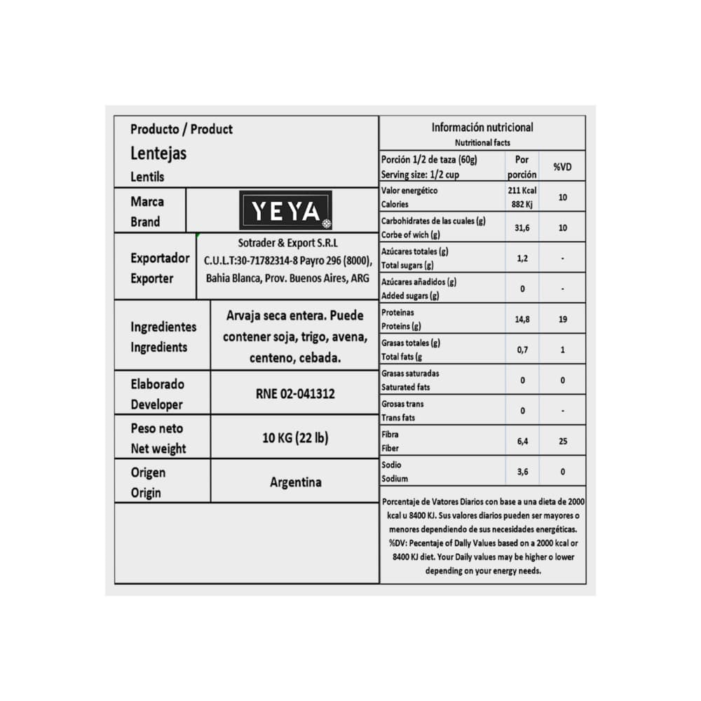 Lentejas Yeya (10 kg / 22 lb) - Miniatura 3