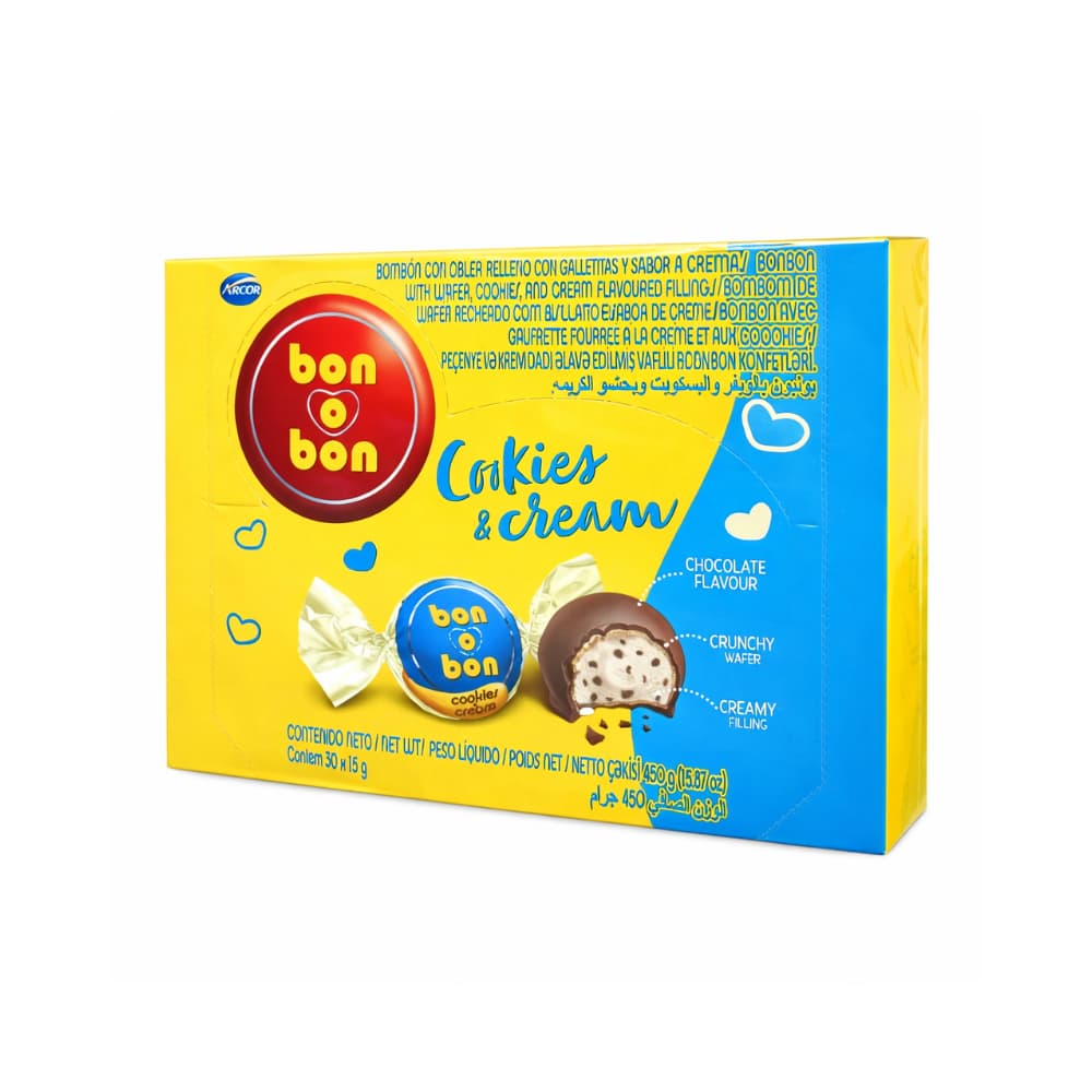 Caja de bombones con oblea rellenos con galletitas y sabor a crema Bon o Bon Arcor (30 x 15 g) - Miniatura 1