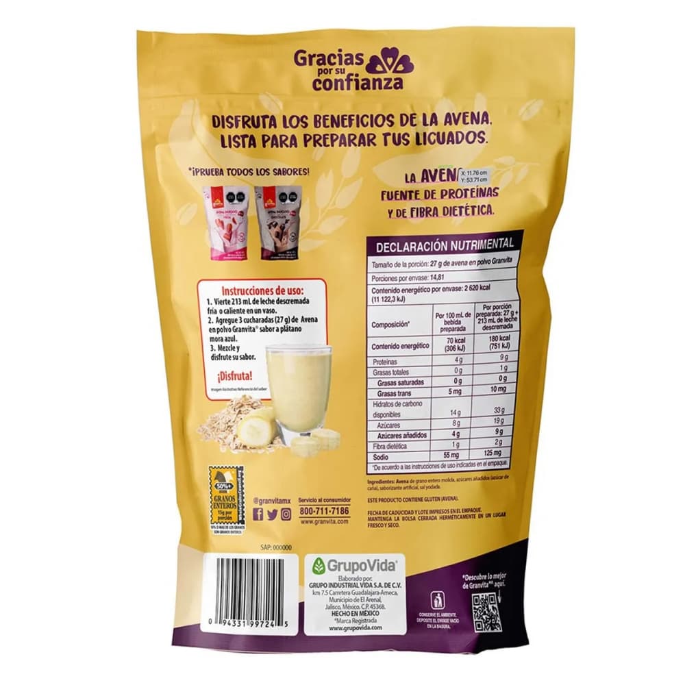Avena en polvo sabor plátano y mora azul Granvita (400 g / 14.11 oz) - Miniatura 2