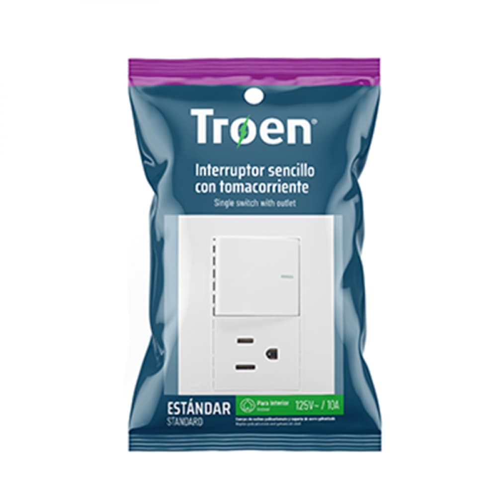 Interruptor sencillo con tomacorriente - enchufe - blanco con tapa 125 V 10 A. - Imagen 1