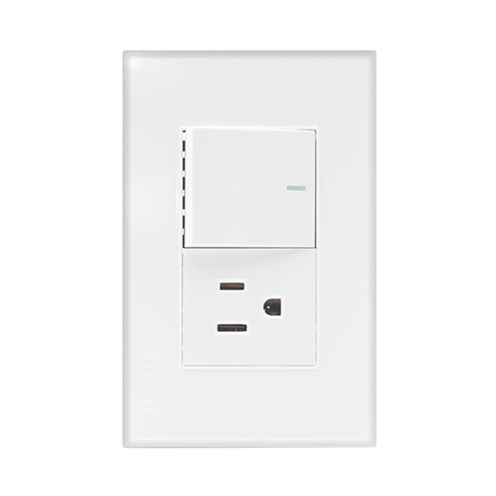 Interruptor sencillo con tomacorriente - enchufe - blanco con tapa 125 V 10 A. - Miniatura 2