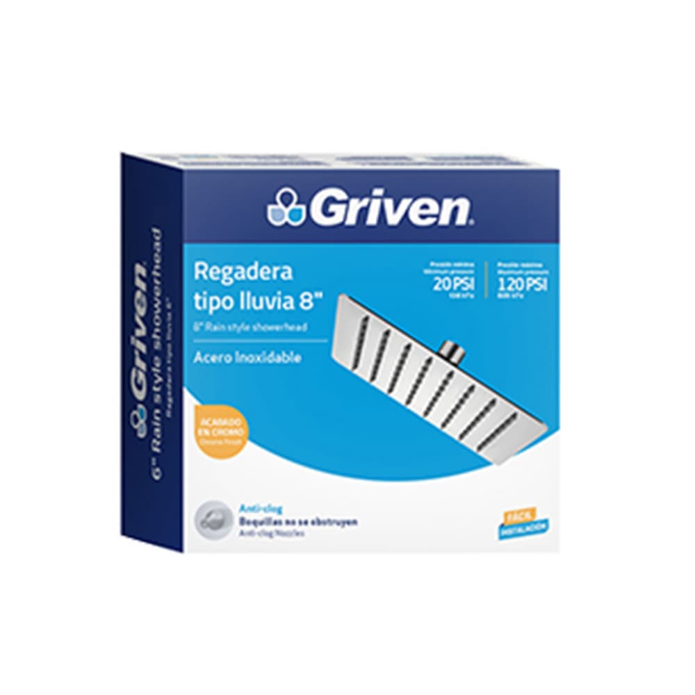 Regadera cuadrada para ducha de 8". Tipo lluvia con acabado en cromo Griven - Imagen 1