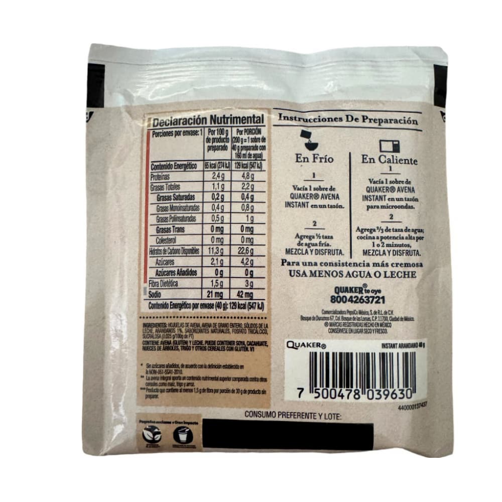 Avena integral sin azúcar sabor arándanos Quaker (40 g / 1.41 oz) - Miniatura 2
