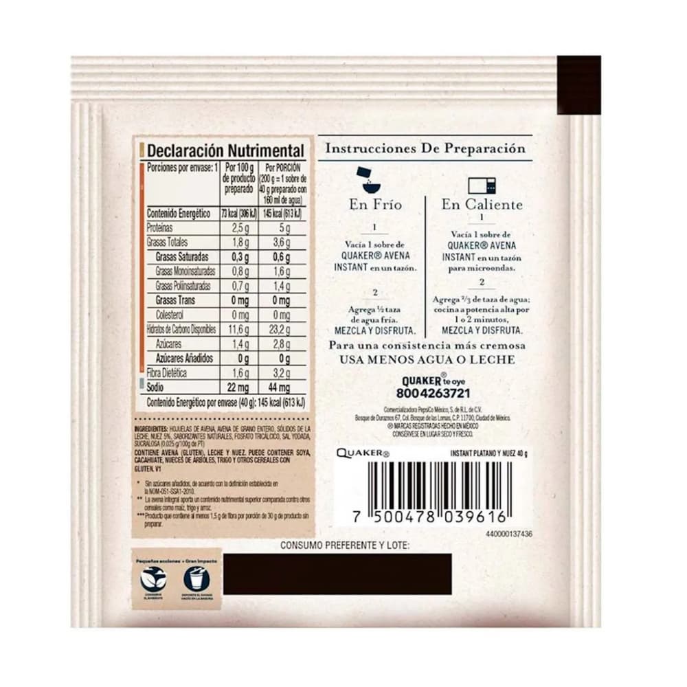 Avena integral sin azúcar sabor plátano y nuez Quaker (40 g / 1.41 oz) - Miniatura 2