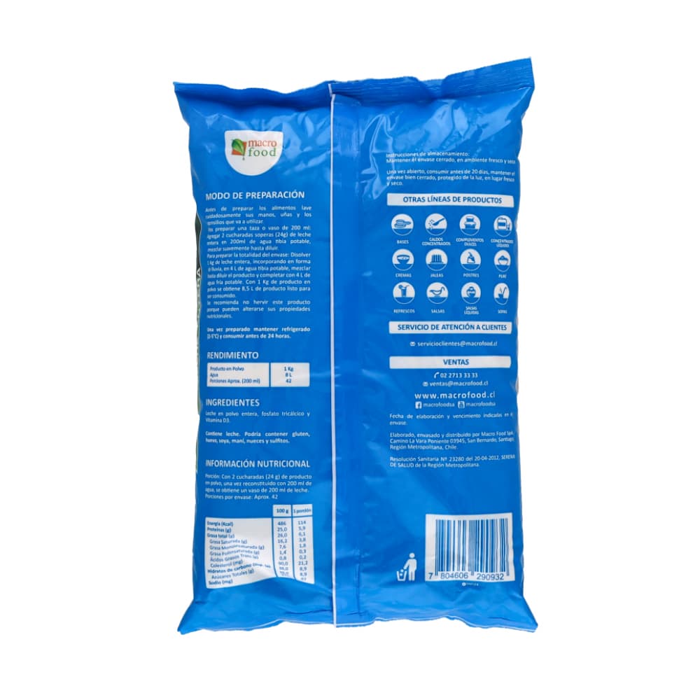 Leche entera en polvo Macro Food (1 kg / 2.2 lb) - Miniatura 2