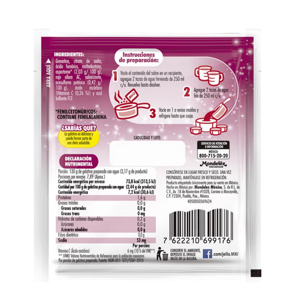Gelatina sin azúcar fortificada con vitamina C sabor cereza Jell-O (25 g) - Miniatura 3