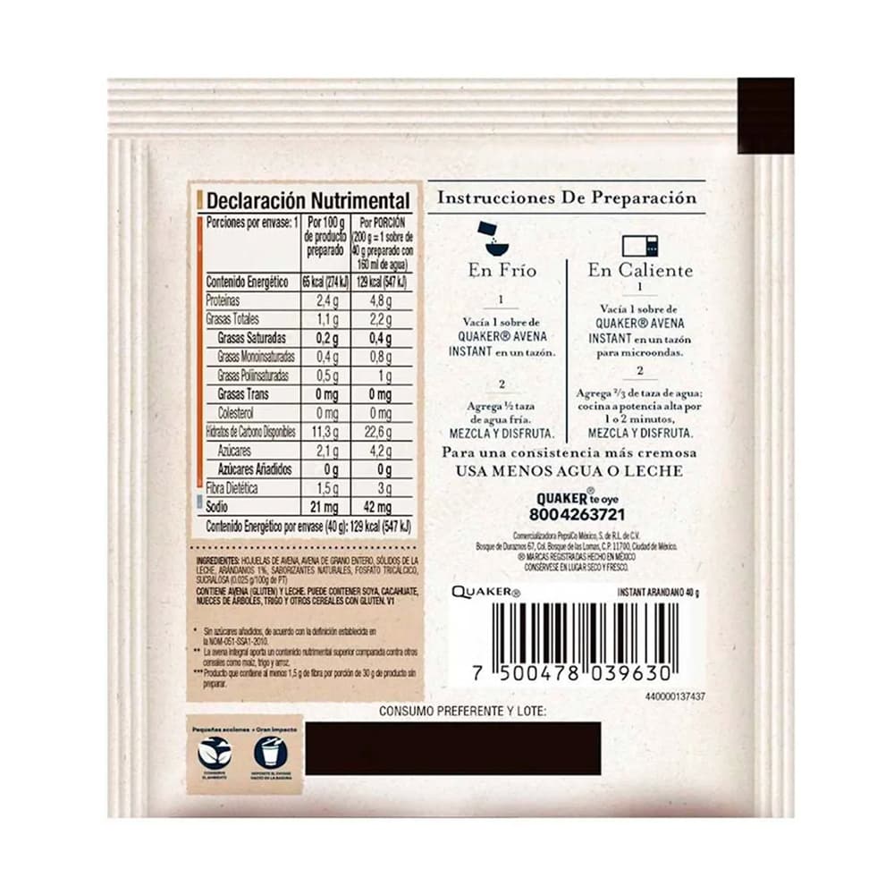 Avena integral sin azúcar sabor arándanos Quaker (40 g / 1.41 oz) - Miniatura 3
