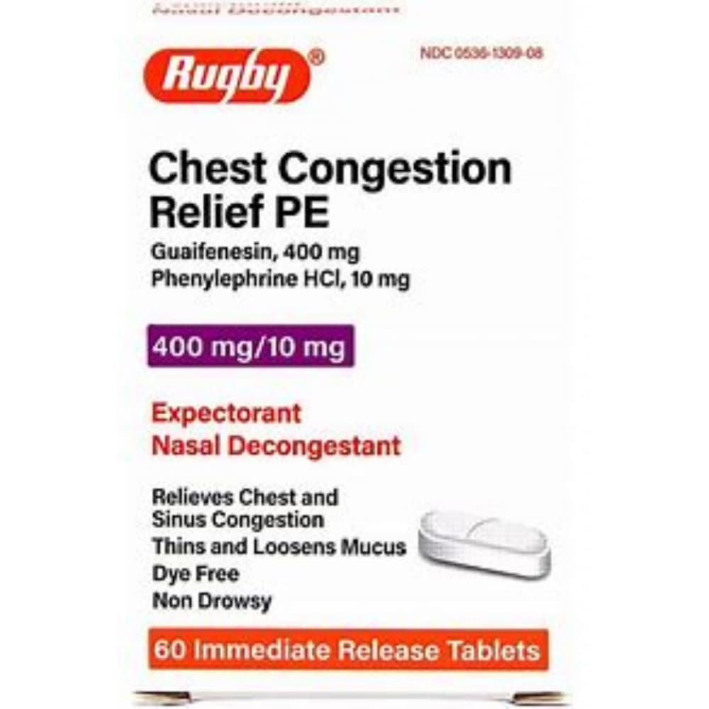 Alivio de la congestión del pecho PE. Guaifenesina 400 mg + fenilefrina 10 mg Rugby (60 tabletas) - Imagen 1