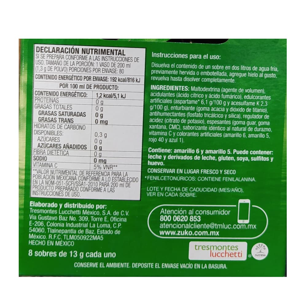 Refresco instantáneo sabor durazno Zuko (13 g / 0.45 oz) - Miniatura 2