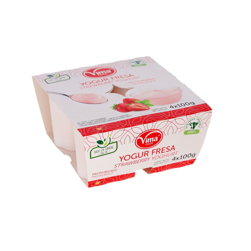 Yogurt pasteurizado sabor fresa Vima Foods (4 x 100 g / 3.53 oz) - Imagen 1