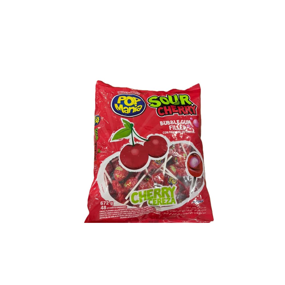 Paquete de chupa chupa sabor a cereza agria relleno de chicle Pop Mania (672 g / 1.48 lb) - Imagen 1