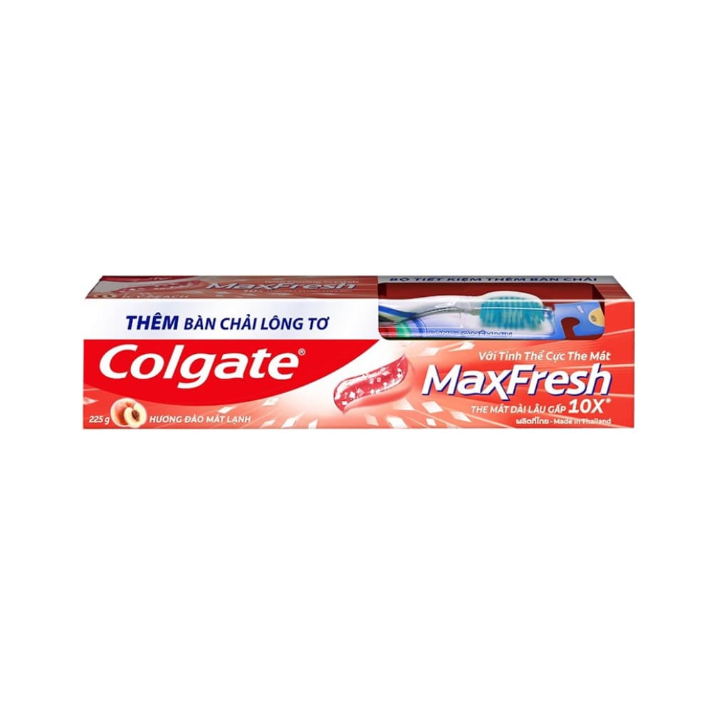 Cepillo de dientes para adultos + Pasta dental Icy Peach Max Fresh Colgate (225 g / 7.93 oz) - Imagen 1
