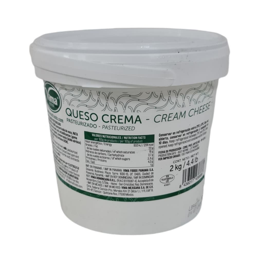 Queso crema pasteurizado Vima Foods (2 kg / 4.4 lb) - Imagen 1