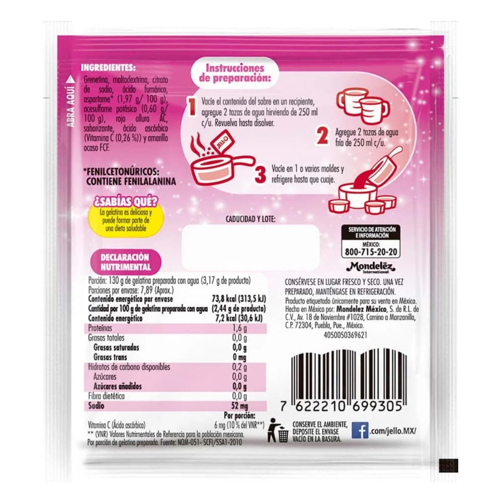Gelatina sin azúcar fortificada con vitamina C sabor frambuesa Jell-O (25 g) - Miniatura 2