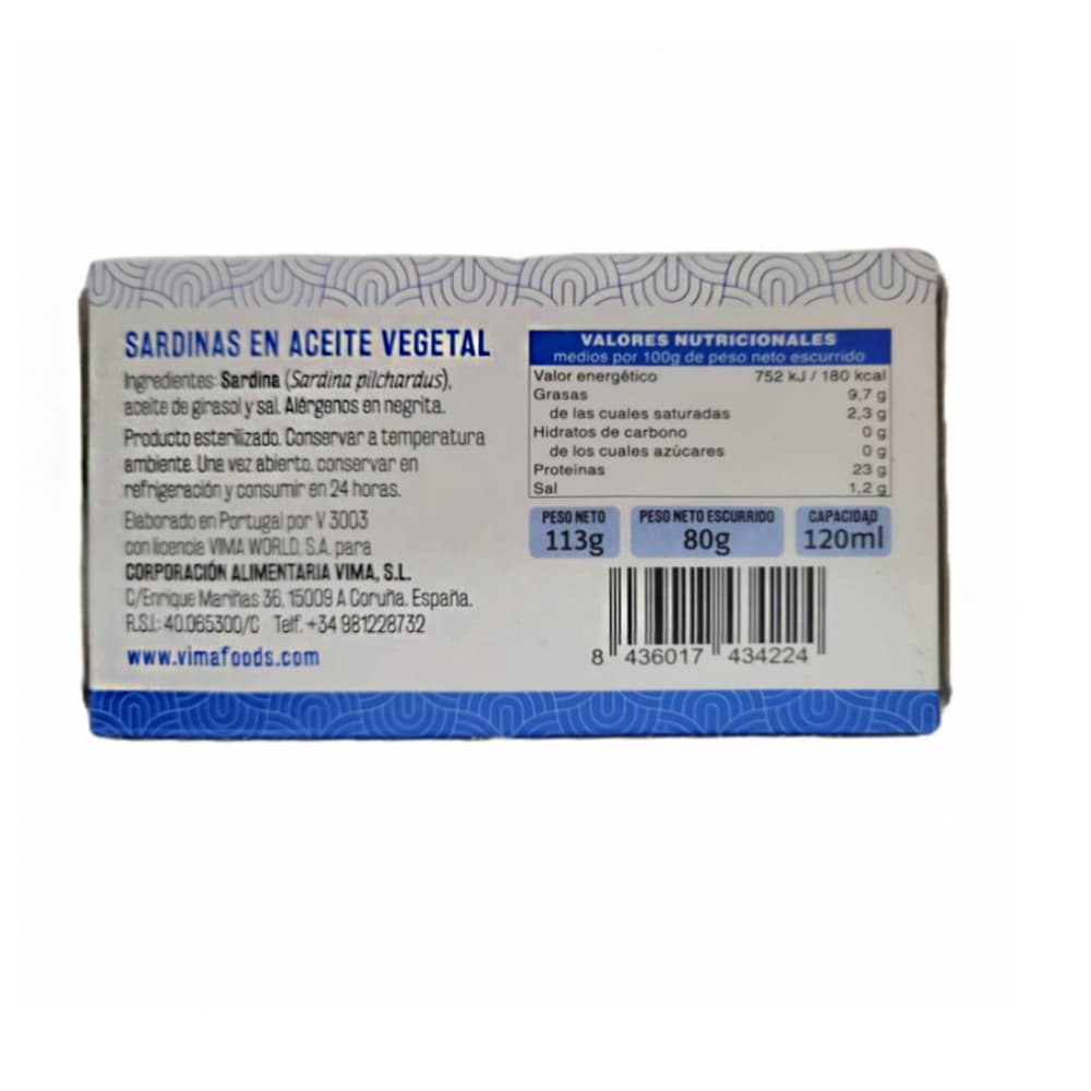 Sardinas en aceite vegetal Vima Foods (113 g / 3.98 oz) - Miniatura 2