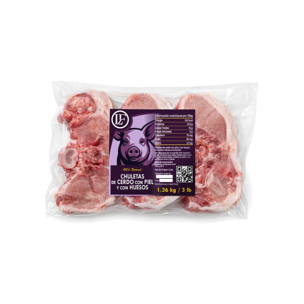 Chuletas de cerdo con piel y con huesos LF (1.36 kg / 3 lb) - Miniatura 1