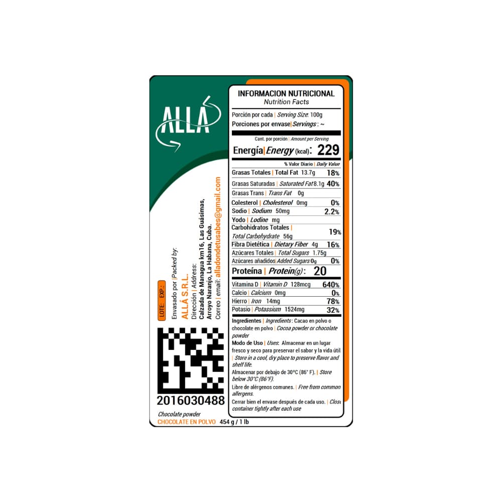 Chocolate en polvo ALLÁ (454 g / 1 lb) - Miniatura 4