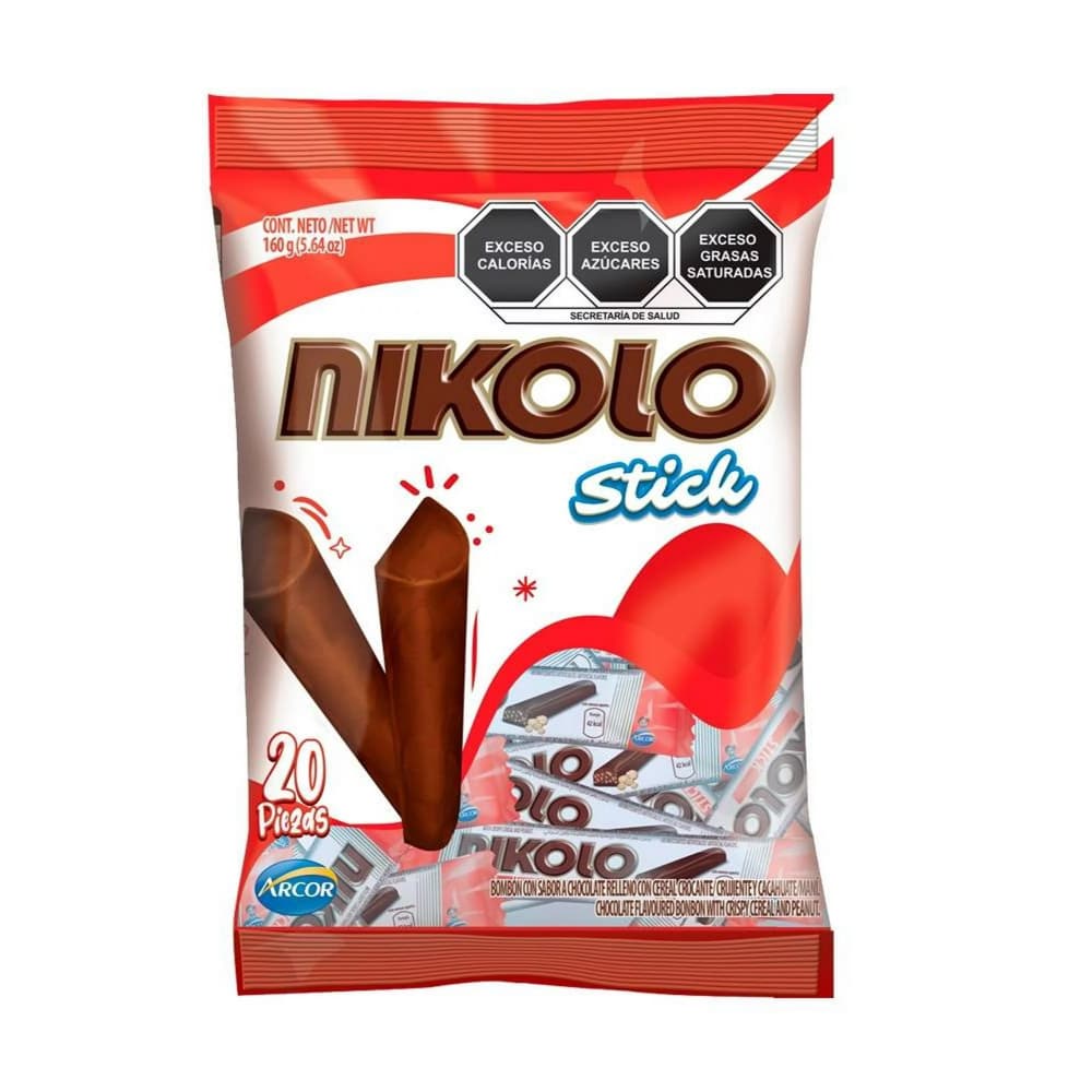 Bombón sabor chocolate relleno de cereal crujiente y maní Nikolo Stick Arcor (20 x 8 g ) - Imagen 1