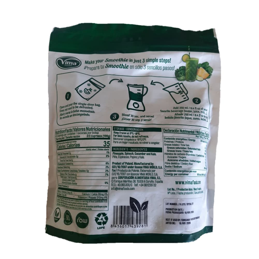 Smoothies Delightful. Combinación de frutas congeladas: piña, espinaca, pepino, kale Vima Foods (450 g / 15.8 oz) - Miniatura 2