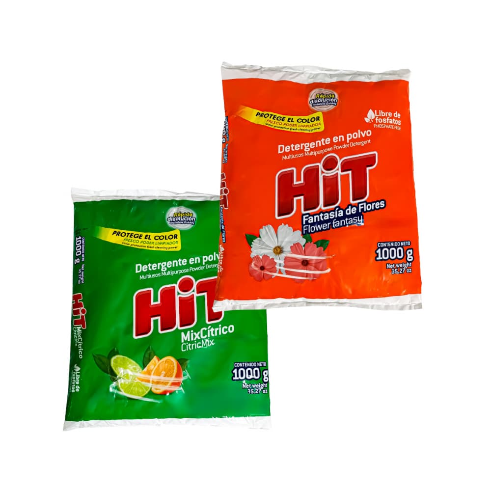 Detergente en polvo multiusos aroma mix cítricos Hit + Detergente en polvo multiusos aroma fantasía de flores Hit - Imagen 1