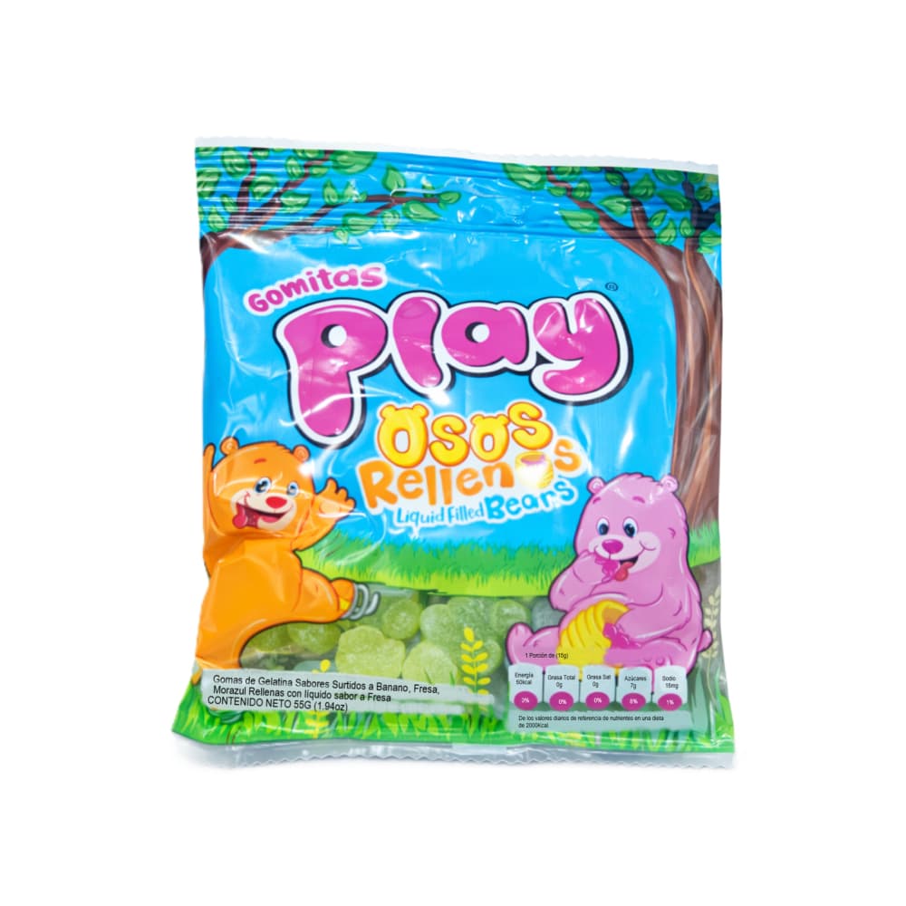 Gomas de gelatina sabores surtidos a banano, fresa, morazul rellenas con líquido sabor a fresa (55 g / 1.94 oz) - Imagen 1