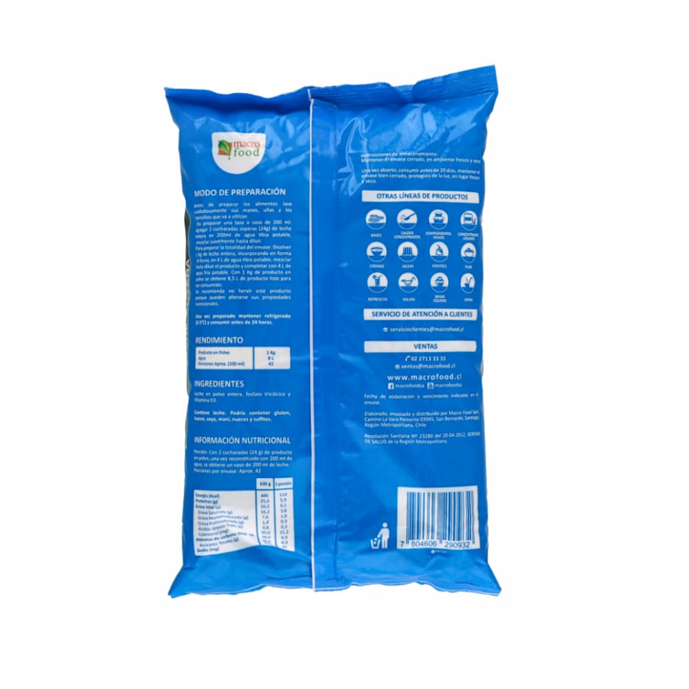 Leche en polvo entera Macro Food (2 x 1 kg / 2.2 lb) - Miniatura 3