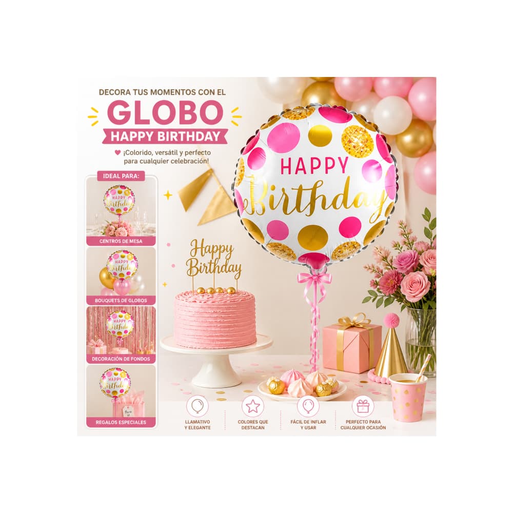Globo Happy Birthday con estampados dorados Ballon (18 pulgadas) - Miniatura 4