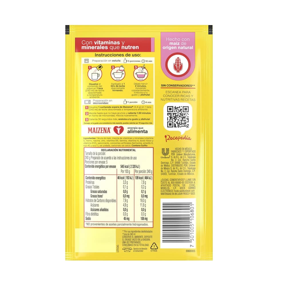 Fécula de maiz para preparar atole fortificado sabor fresa Maizena (47 g / 1.66 oz) - Miniatura 2