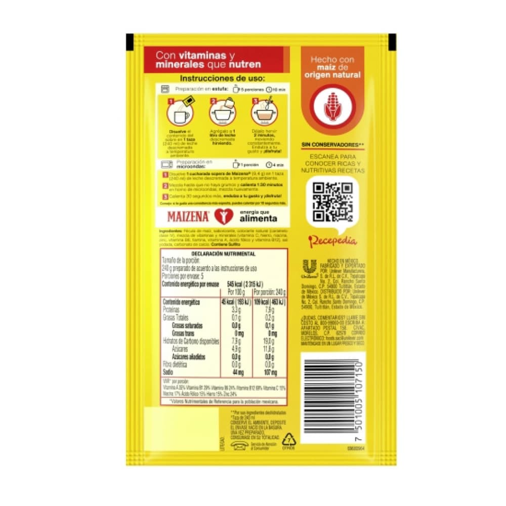 Fécula de maiz para preparar atole fortificado sabor nuez Maizena (47 g / 1.65 oz) - Miniatura 2