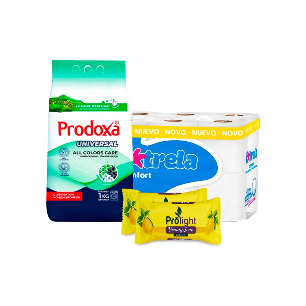 Combo básico del hogar #8: Detergente en polvo Prodoxa + Papel sanitario Extrela + Jabón de belleza con fragancia a limón Prolight - Imagen 1