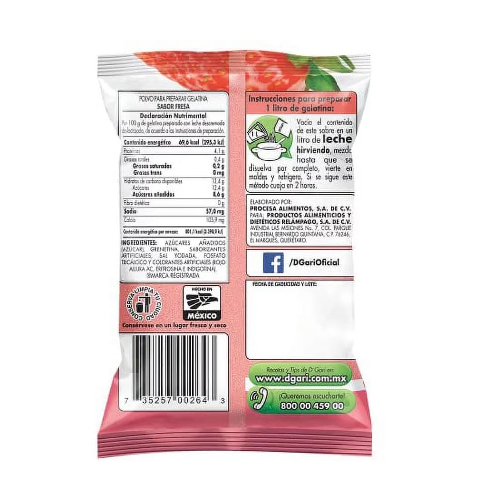 Polvo para preparar gelatina con leche sabor fresa D'Gari (120 g / 4.23 oz) - Miniatura 2
