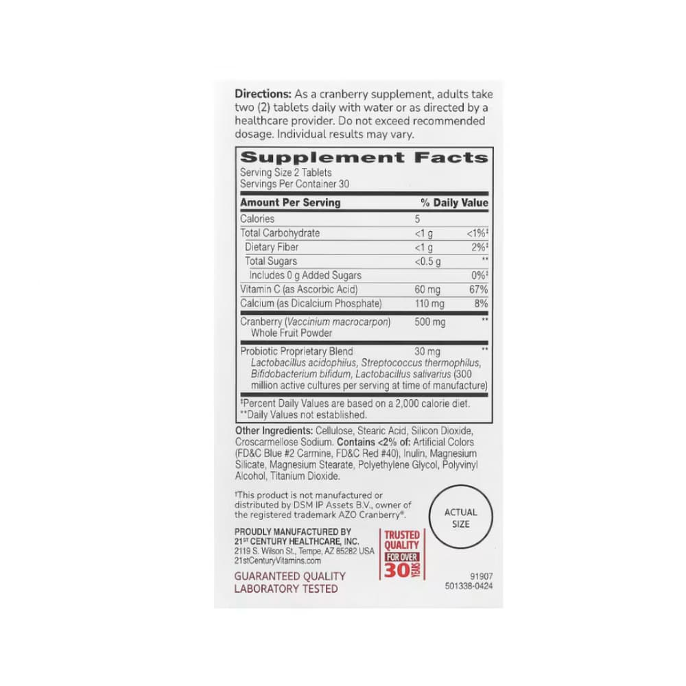 Arándano rojo con probióticos + Vitamina C 21st Century (60 tabletas) - Miniatura 2