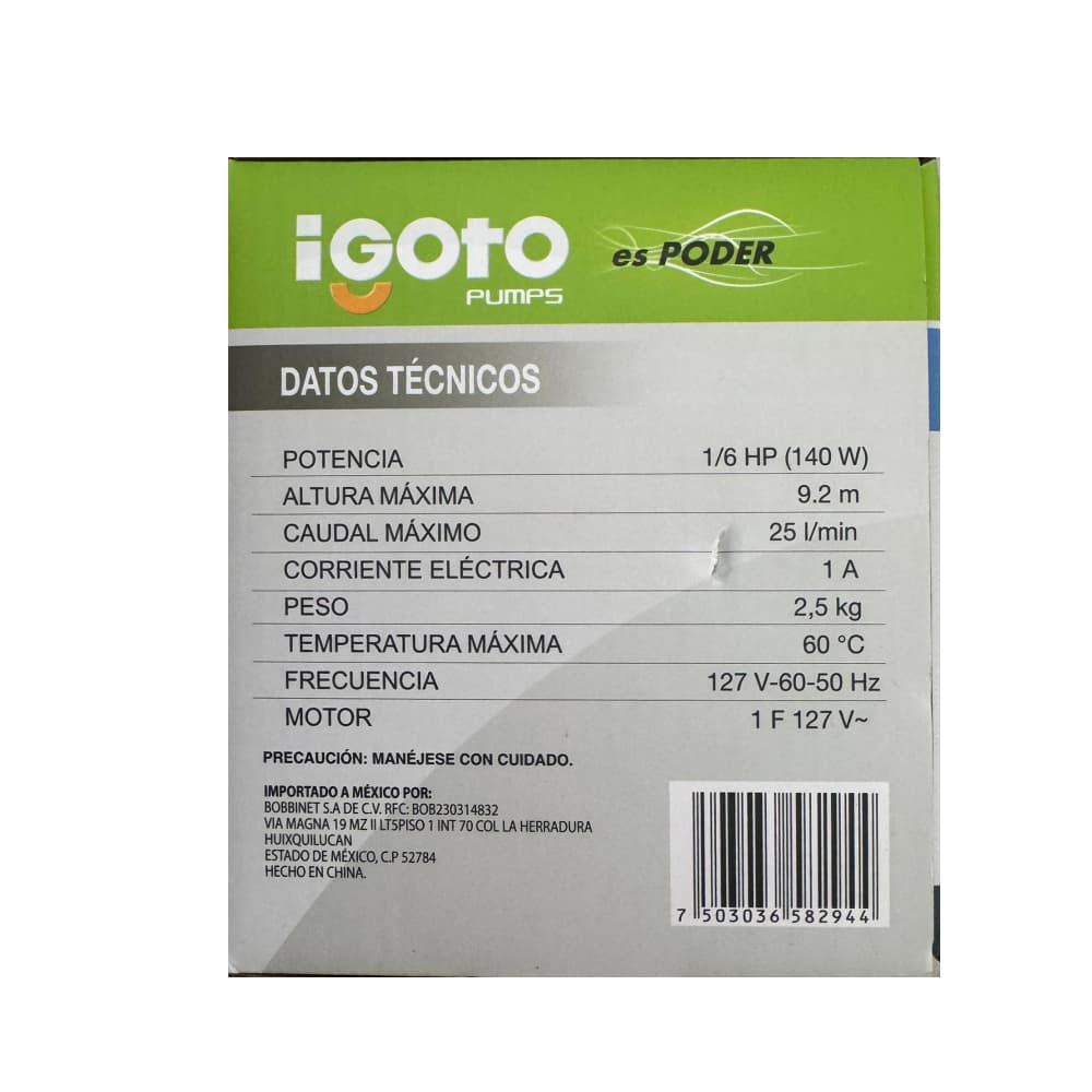 Bomba presurizadora de agua 1/6 Hp Igoto PAC15 - Miniatura 2