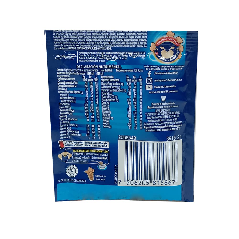 Alimento en polvo fortificado para preparar una bebida sabor a chocolate Choco Milk (18 g) - Miniatura 3