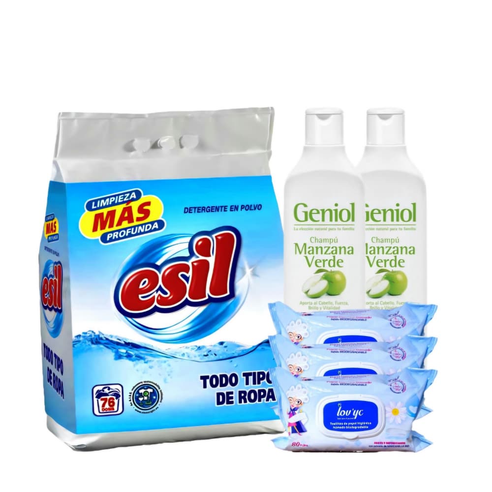 Detergente en polvo Esil + Toallitas de papel higiénico húmedo biodegradables Lov’yc + Champú manzana verde Geniol - Imagen 1