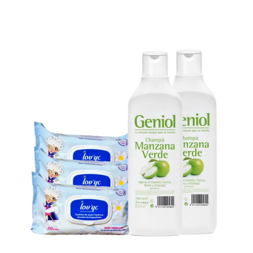 Toallitas de papel higiénico húmedo biodegradables Lov’yc + Champú manzana verde Geniol - Imagen 1
