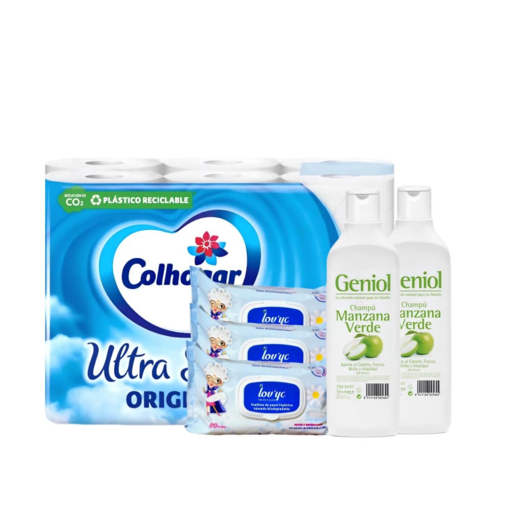 Papel sanitario Colhogar + Toallitas de papel higiénico húmedo biodegradables Lov’yc + Champú manzana verde Geniol - Imagen 1