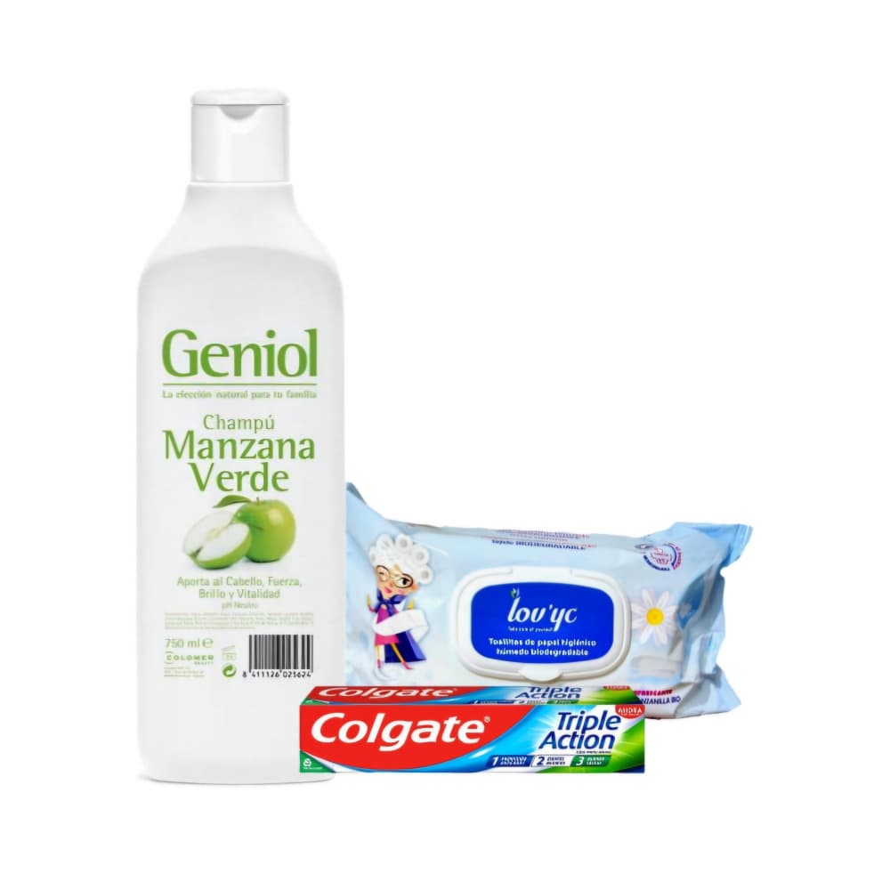 Champú manzana verde Geniol + Toallitas de papel higiénico húmedo biodegradables Lov’yc + Pasta de dientes triple acción sabor menta intenso Colgate - Imagen 1