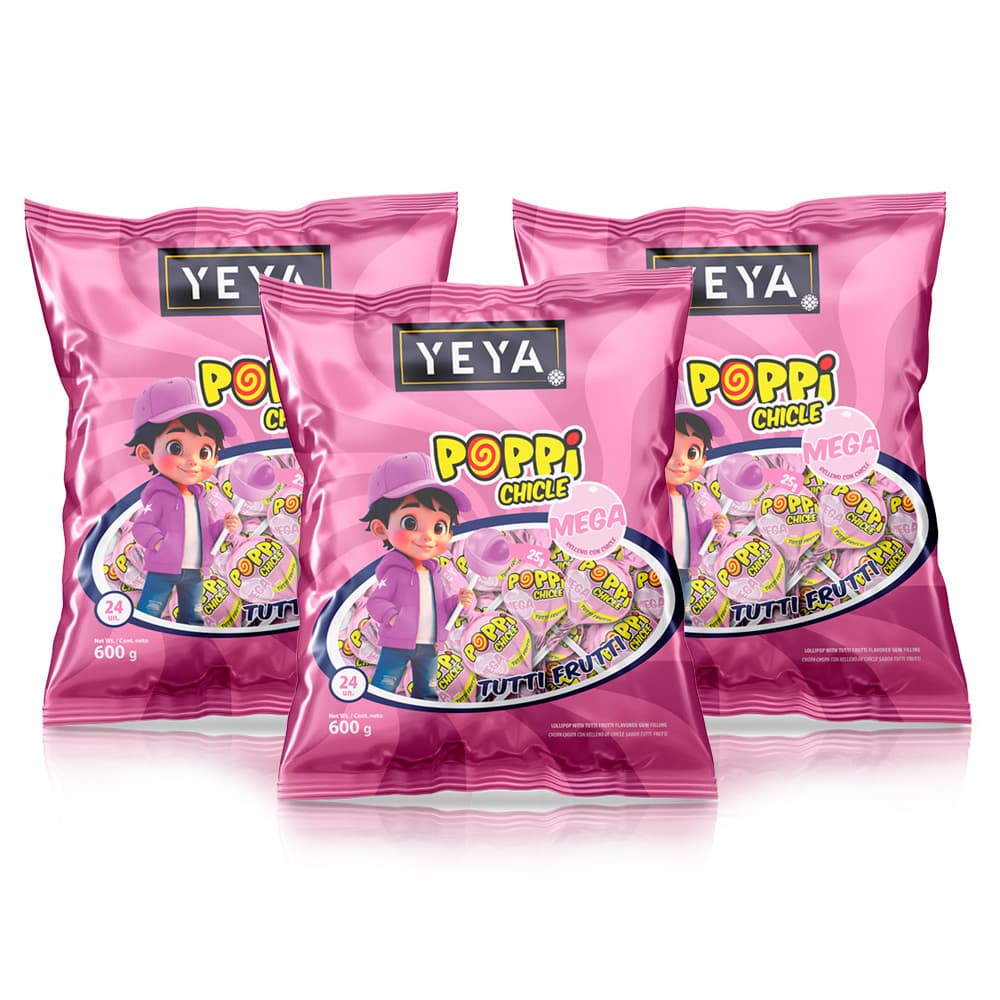 Chupa chupas con relleno de chicle sabor tutti frutti Yeya (3 x 600 g / 1.32 lb) - Imagen 1