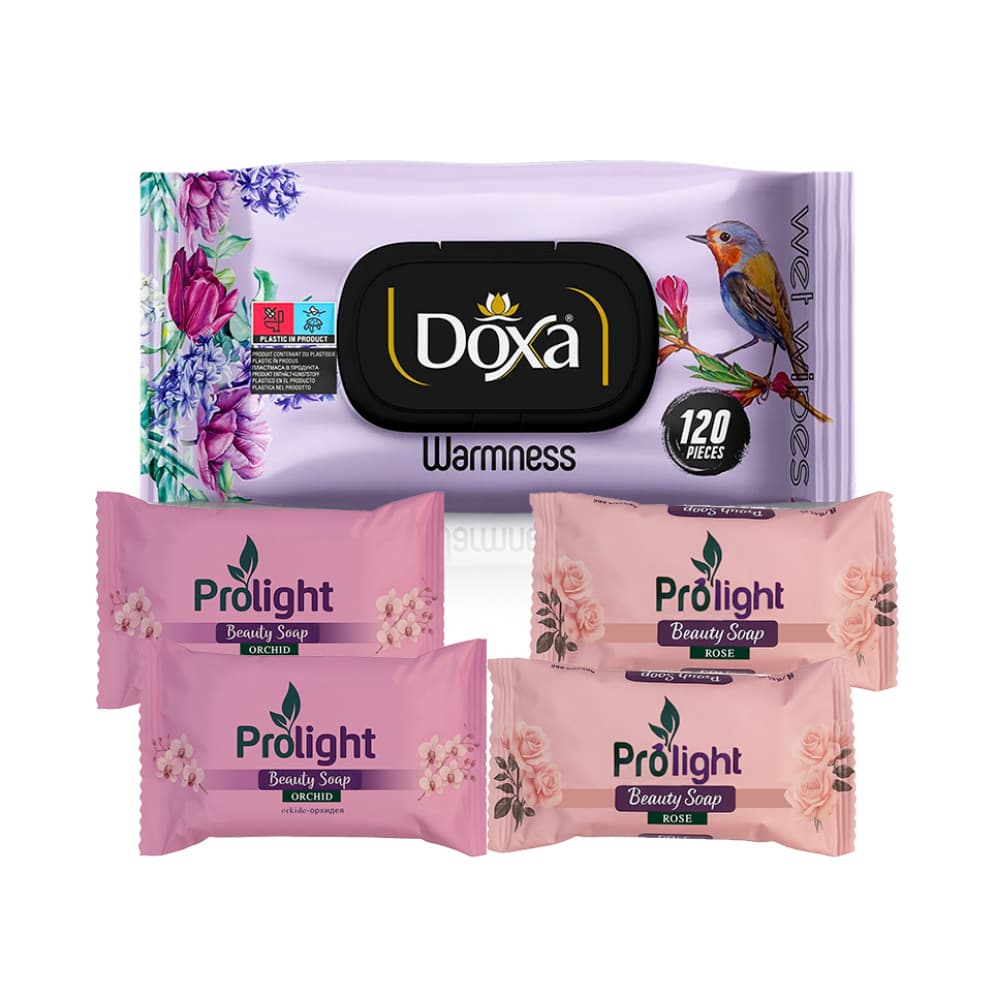 Combo de artículos de aseo #5: Toallitas húmedas con aroma cálido Doxa + Jabones de belleza Prolight - Imagen 1